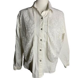 Vintage Lace Overlay Button Up Shirt S White Floral Long Sleeve Attached Vest